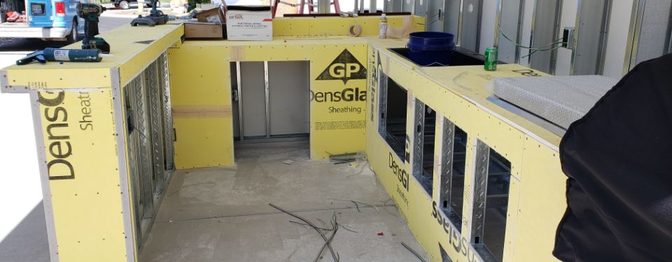 A set of custom cabinets in the process of being constructed.